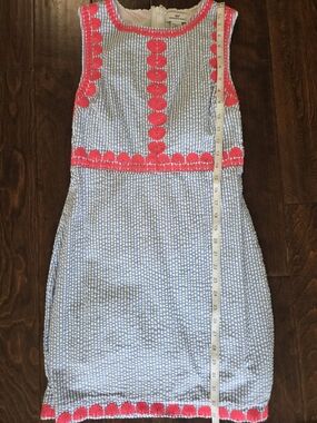 Blue Seersucker Sleeveless Dress with Pink Trim